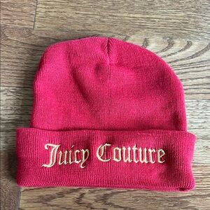Juicy Couture red knit hat with logo on front and Yes Oui Can on back